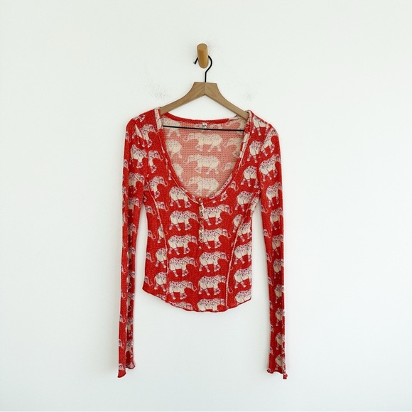 Intimately Free People Home All Day Elephant Thermal Pajama Top Small Orange - Picture 1 of 7